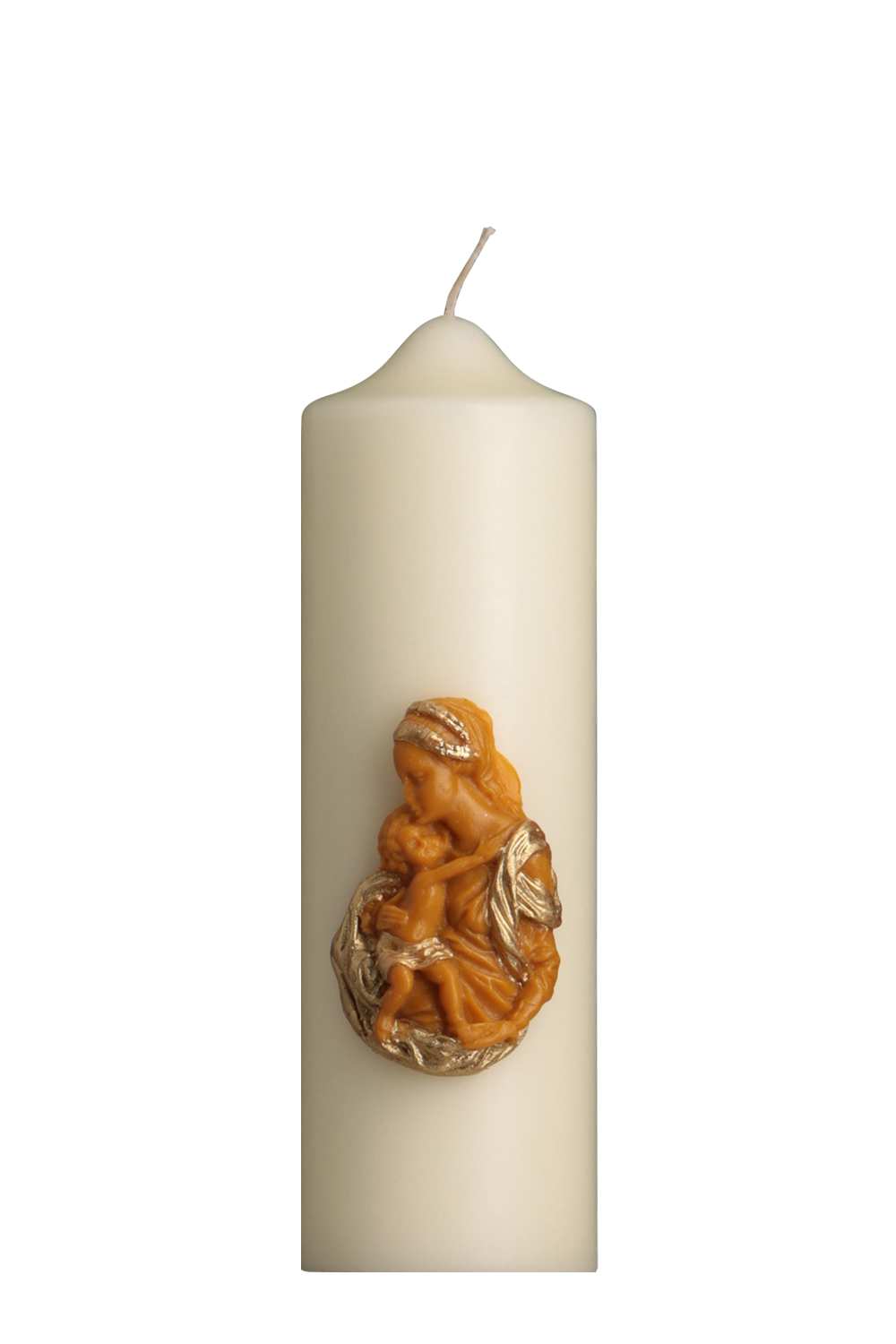Marientischkerze 220 x 70 mm, handverziert mit Marienrelief in natur-gold