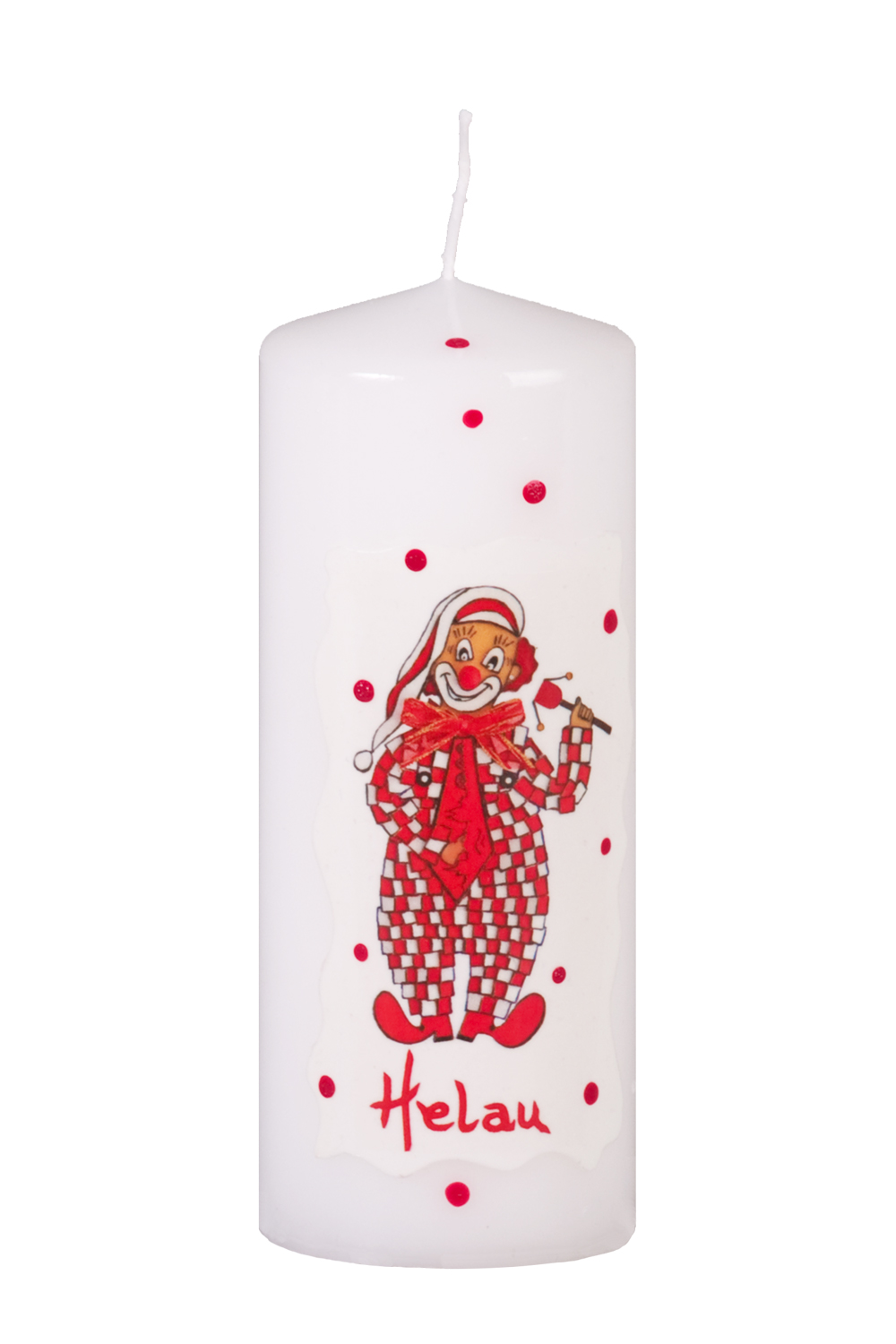 Faschingskerze mit Lappenclown "Helau" 150x60 mm (Dekoration) Stumpen  mit Folienbild auf weißer Wachsauflage, Motiv Lappenclown