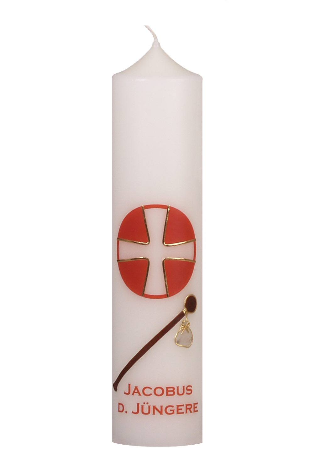 Apostelkerze Jakobus der Jüngere 300 x 70 mm mit Wachssymbol, rotes Kreuz und Name als Transferdruck