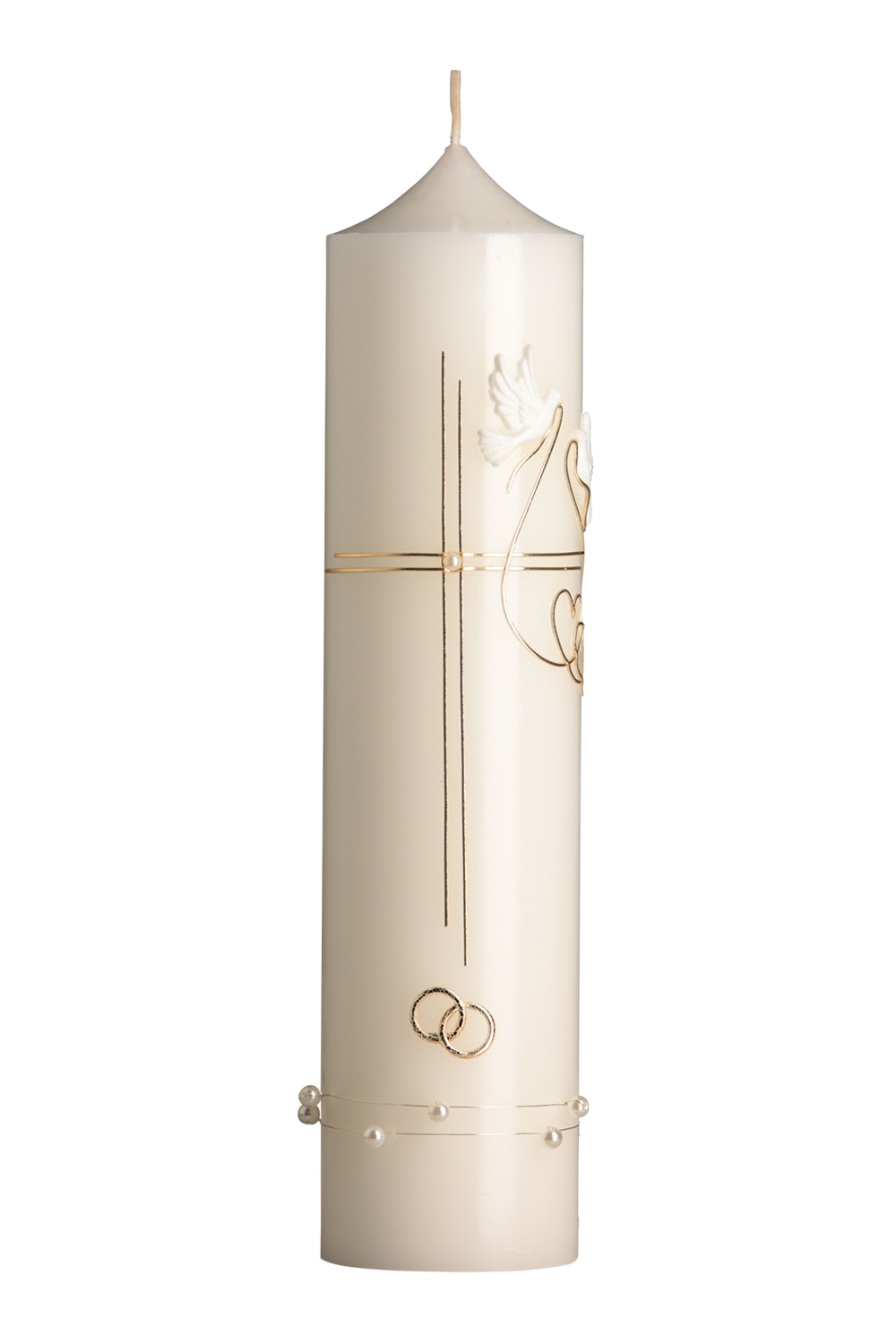 Hochzeitskerze 300/70 mm, elfenbein, Wachsauflage, Motiv: Kreuz gold, Perlband, Tauben