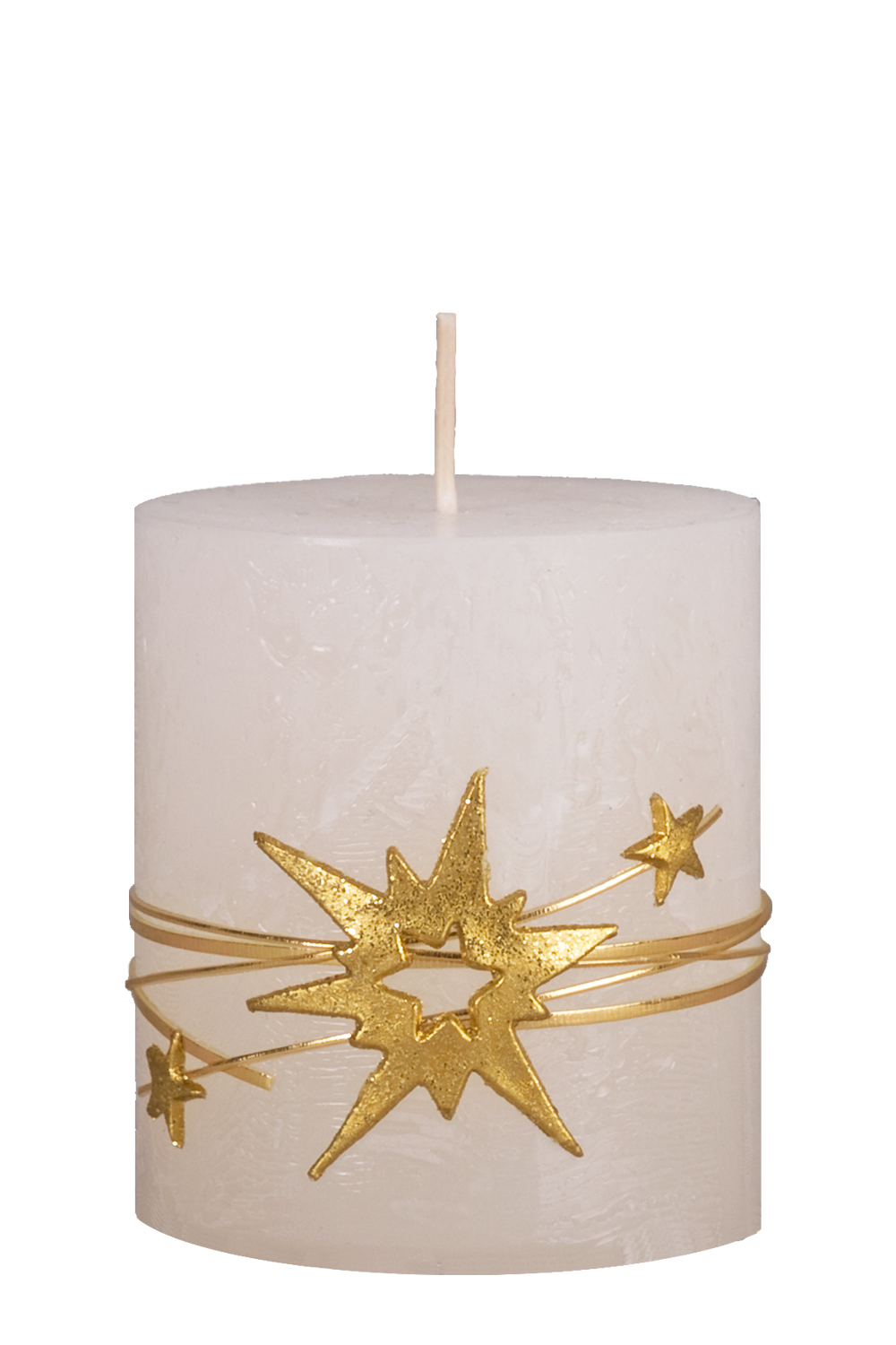 Weihnachtskerze 745 wollweißer Rustic-Stumpen, 80 x 70 mm, Wachsauflage Motiv: goldene Sterne