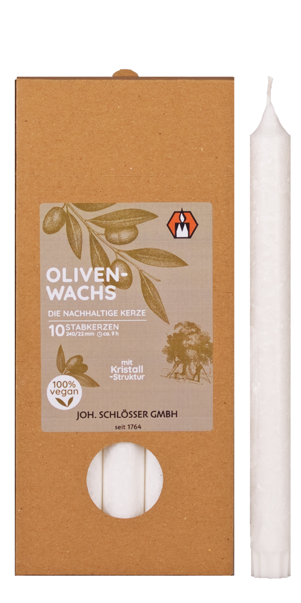 Stabkerzen aus Olivenwachs, nachhaltig, weiß mit Kristall-Struktur, 10er Pack