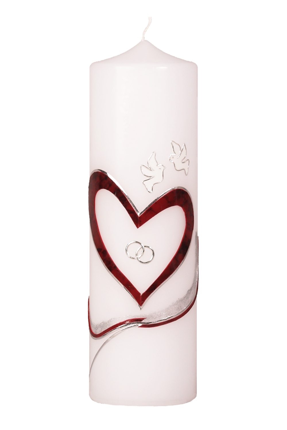 Hochzeitskerze 300x90 mm, weiß, Wachsauflage, Motiv: Herz bordeauxrot-silber, Tauben