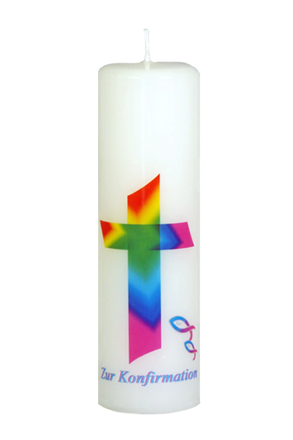 Konfirmationskerze 6473 -200 x 60 mm, Motiv: Regenbogenkreuz mit Fischen