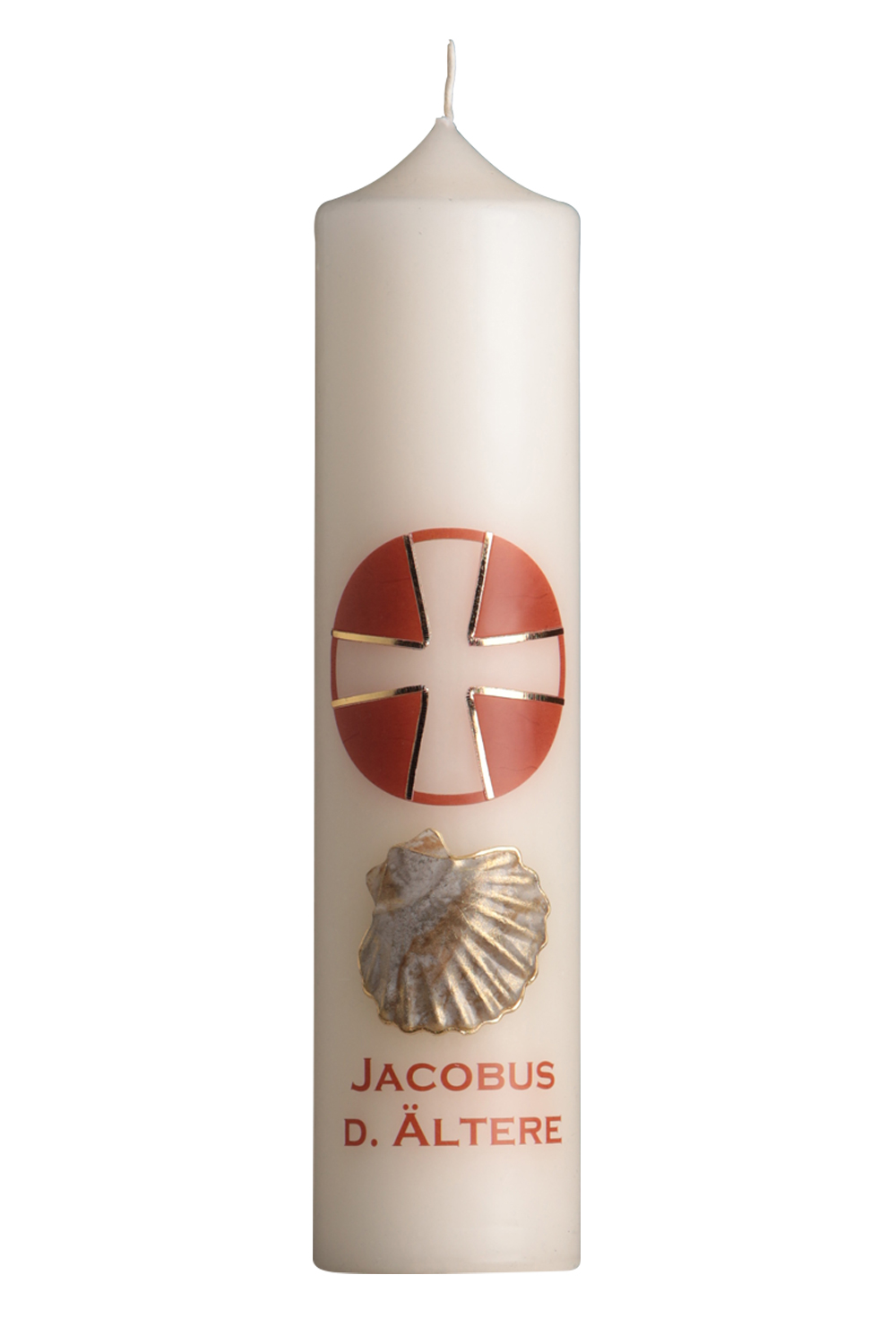 Apostelkerze Jakobus der Ältere 300 x 70 mm mit Wachssymbol, rotes Kreuz und Name als Transferdruck
