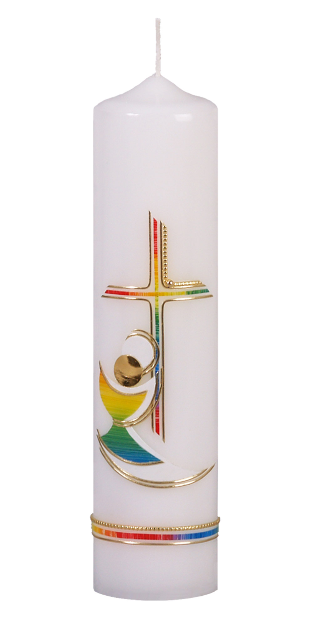 Kommunionkerze 573, 250 x 60 mm weiß mit Wachsauflage, Motiv: Kreuz/Kelch/Borde in gold und Regenbogenfarben
