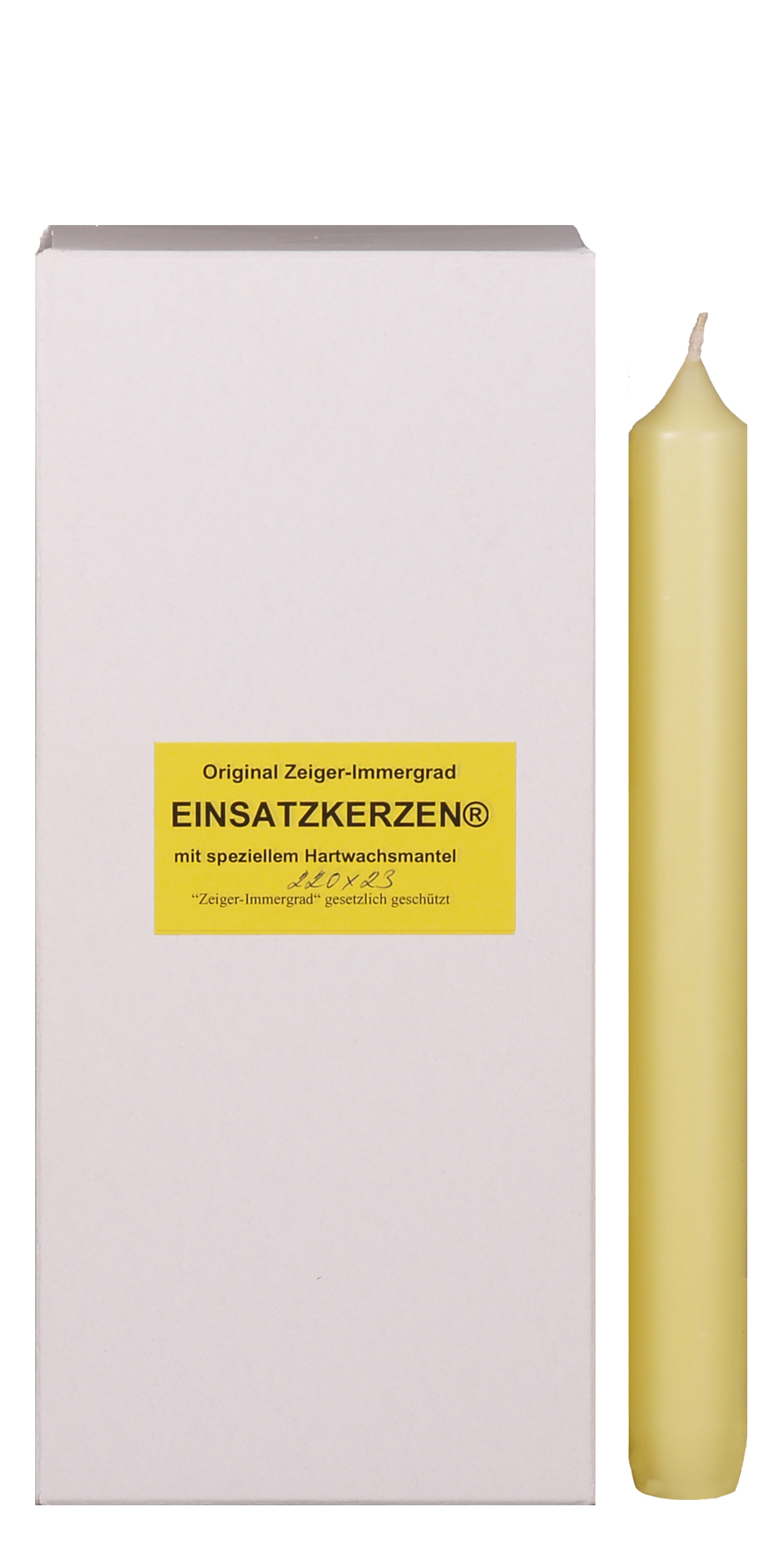 Einsatzkerzen 220 x 23 mm, Spezialmischung, mit speziellem Hartwachsmantel, Brenndauer ca. 11 Stunden, 12er Pack