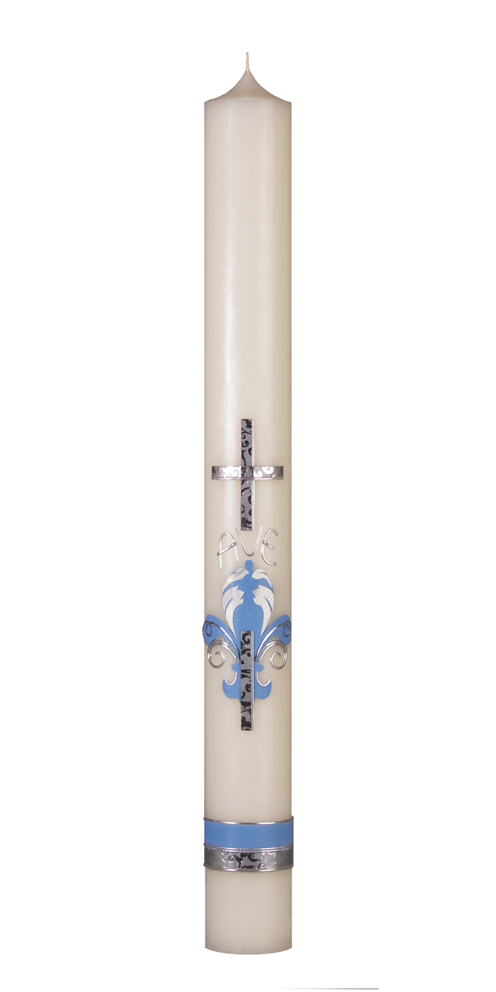 Marienkerze Nr. 44 mit Wachsauflage in hellblau-silber:Kreuz, Lilie und Borde