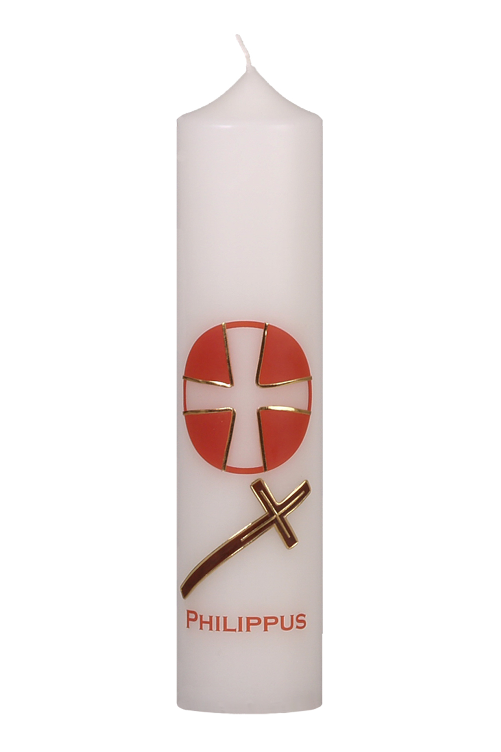 Apostelkerze Philippus 300 x 70 mm mit Wachssymbol, rotes Kreuz und Name als Transferdruck