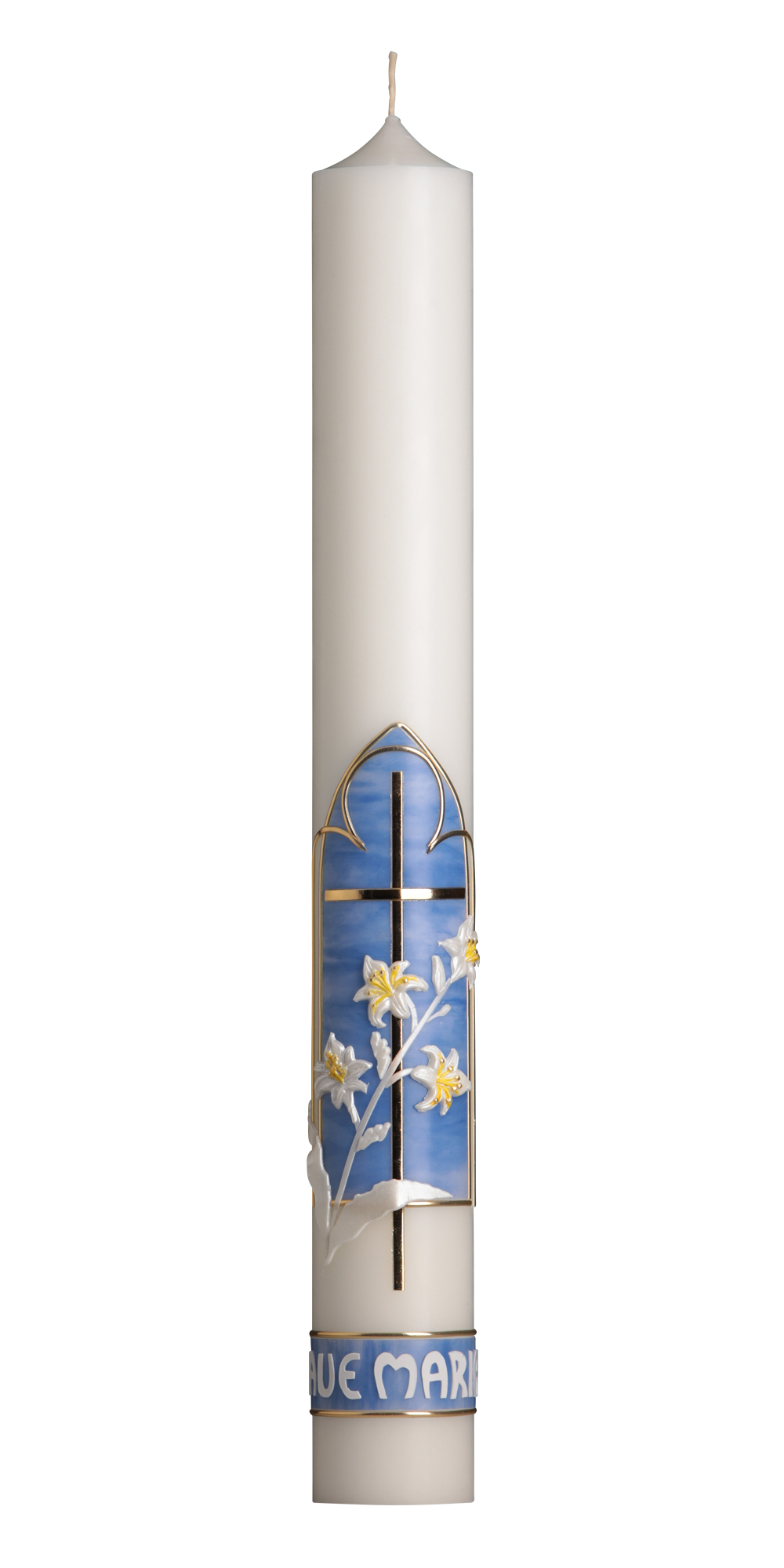 Marienkerze mit 10 % Bienenwachs, Nr. 33, Kirchenfenster hellblau, mit Lilien, Borde mit Ave Maria