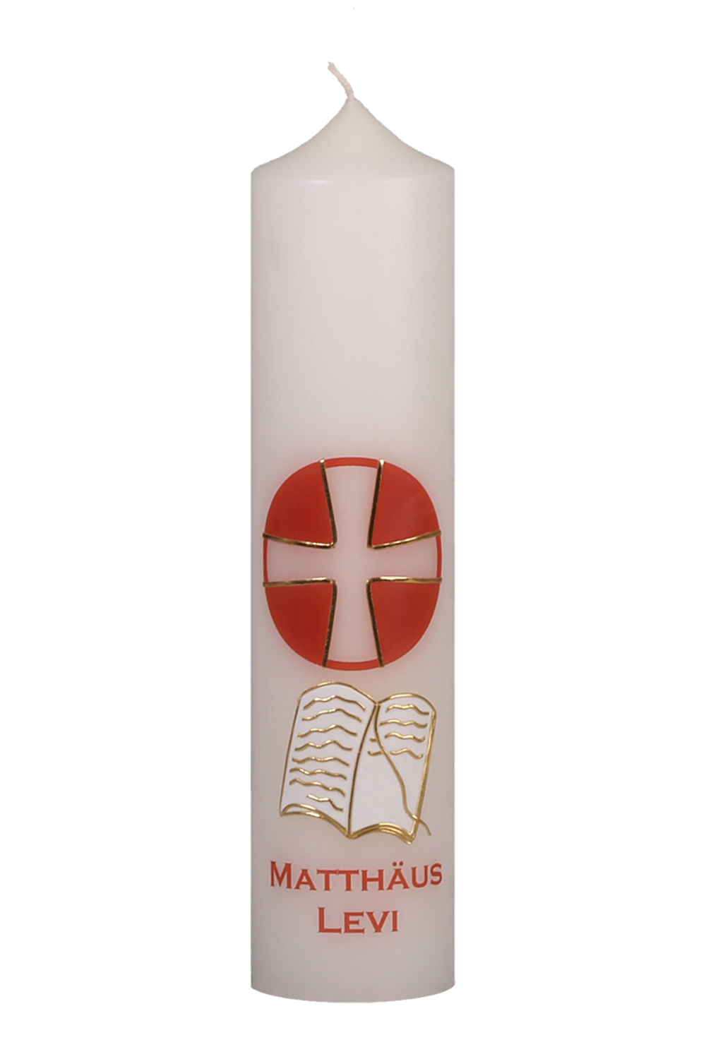 Apostelkerze Matthäus Levi 300 x 70 mm mit Wachssymbol, rotes Kreuz und Name als Transferdruck