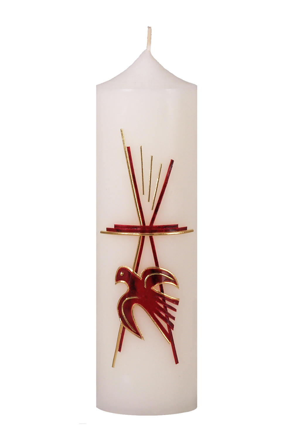 Firmen- und Pfingstkerze. 250 mm lang und 70 mm breit. Die Kerze ist aus gezogenem Wachs, enthält 10 % Bienenwachs und hat eine Wachsauflage. Auf der Kerze sind ein Kreuz und eine Taube abgebildet.