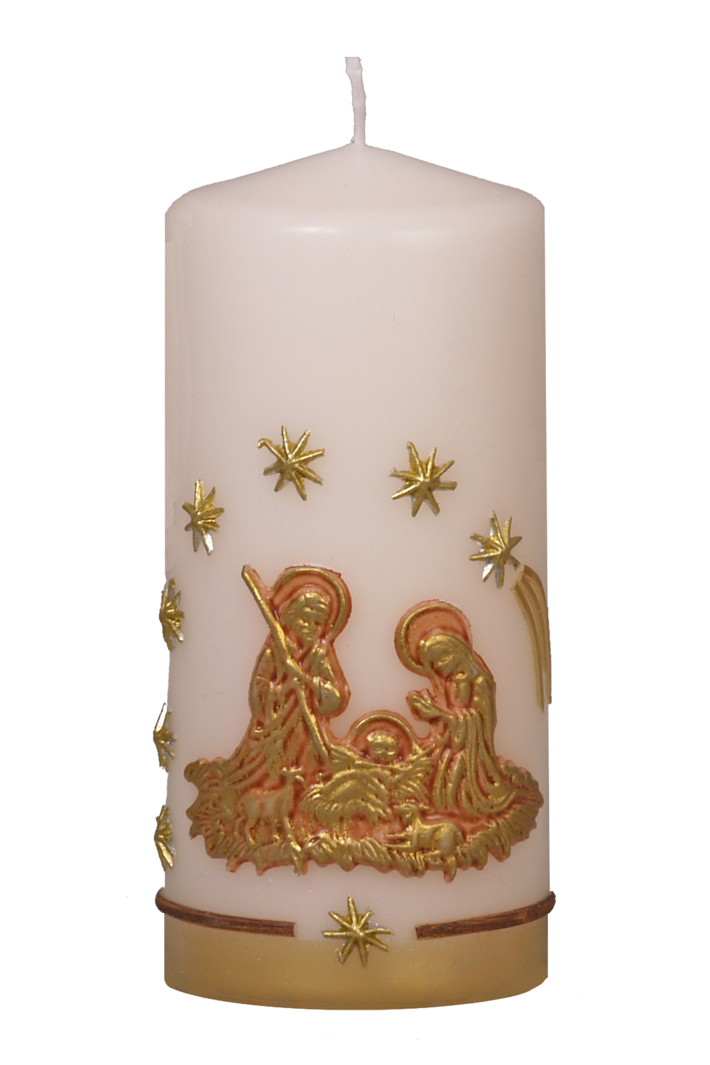 Weihnachtskerze 742 Stumpen, vanille, 150 x 68 mm, Wachsauflage, Motiv Krippe