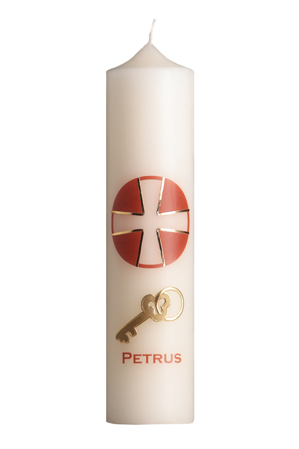 Apostelkerze Petrus 300 x 70 mm mit Wachssymbol, rotes Kreuz und Name als Transferdruck