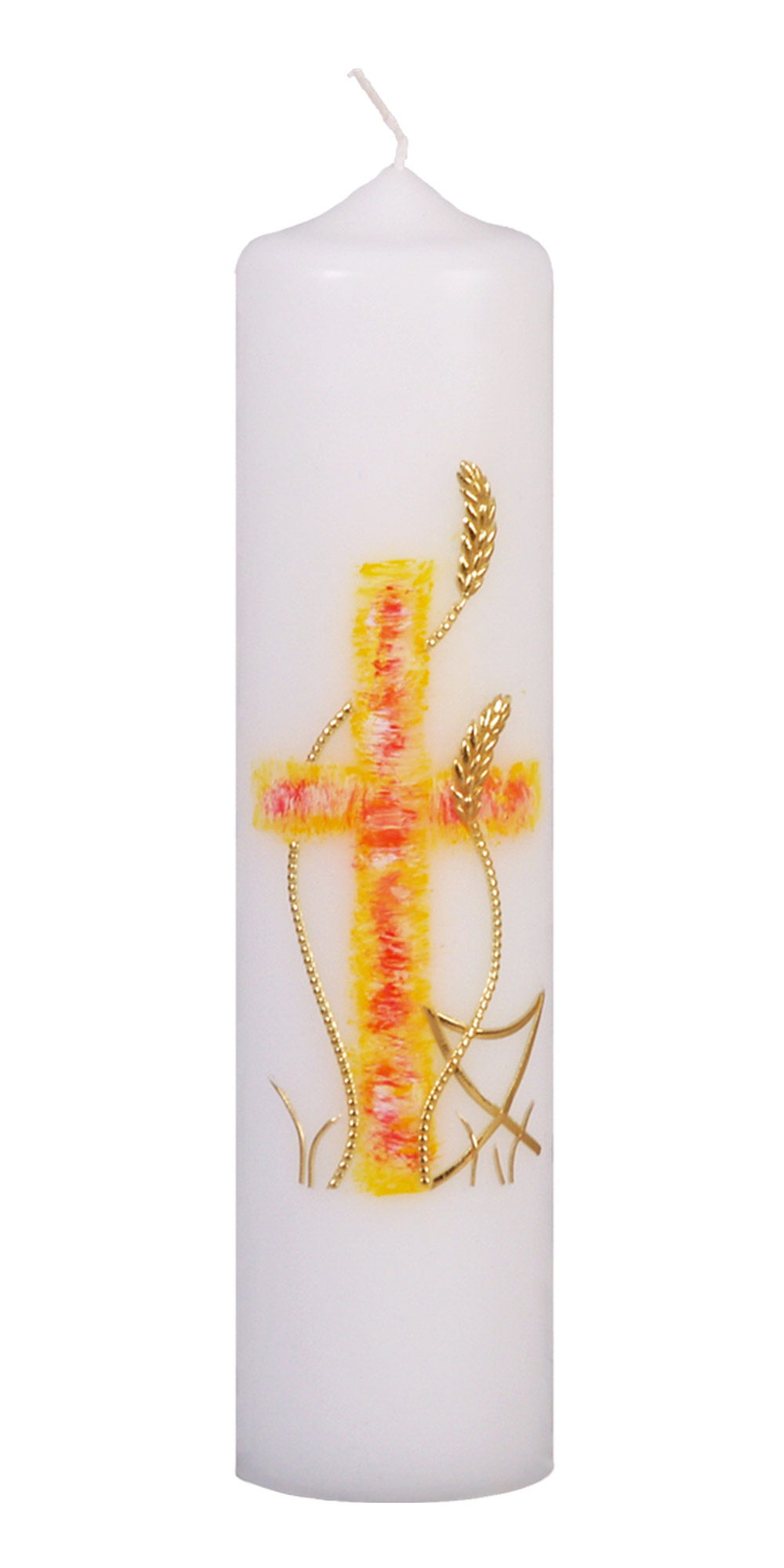Kommunionkerze 577, 250 x 60 mm weiß  Motiv: gemaltes Kreuz und Wachsauflage Ähren und Kelch in gold