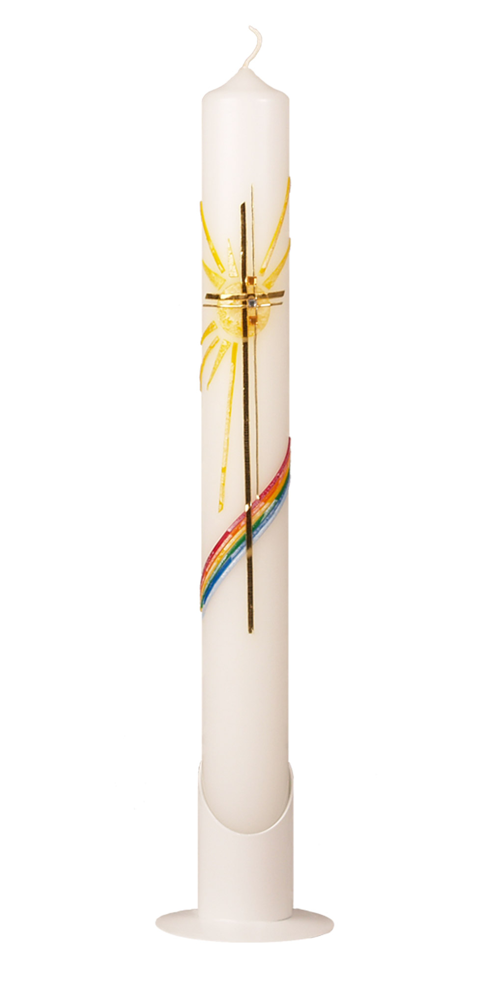 Kommunionkerze 400 x 40 mm mit Wachsauflage bunt: Kreuz, Regenbogen, Sonne