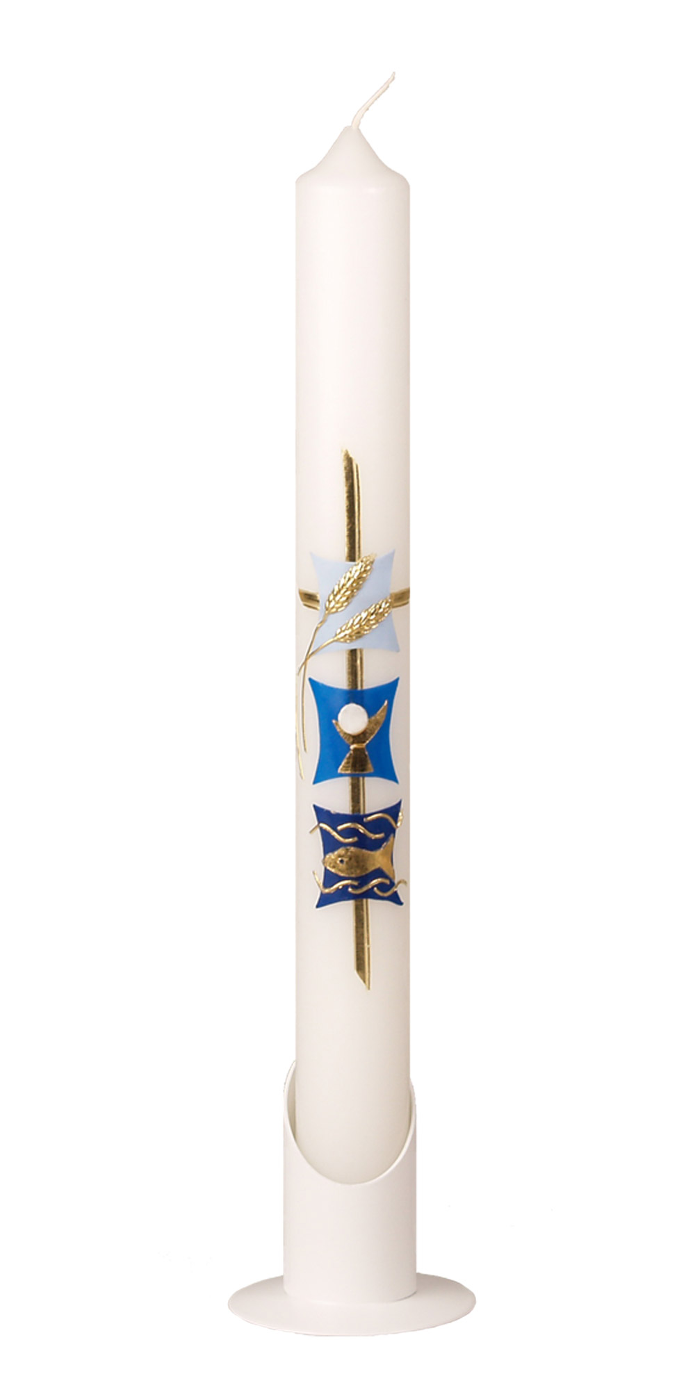 Kommunionkerze 400 x 40 mm mit Wachsauflage blau-gold: Ähre, Kelch, Fisch