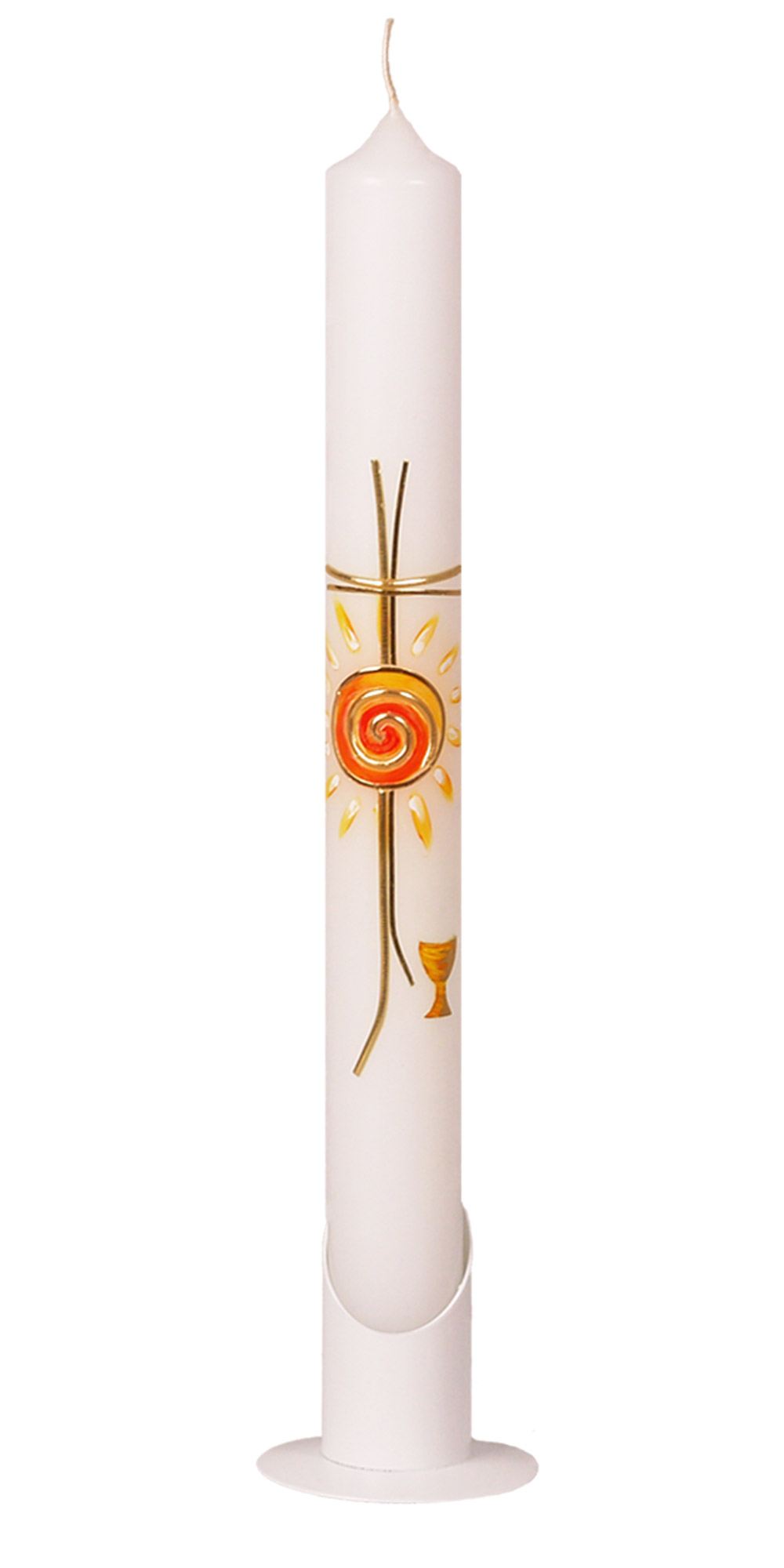 Kommunionkerze 572, 400 x 40 mm weiß  Wachsauflage Motiv: Sonne, Lebensweg, Kelch