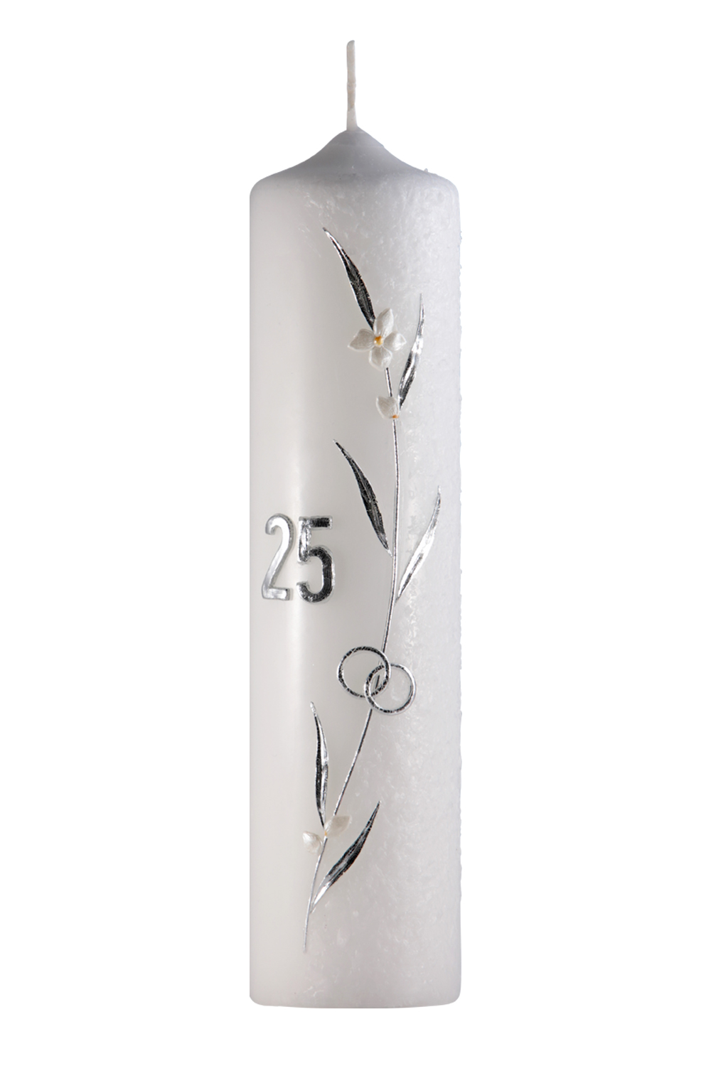 Silberhochzeitsstumpen 250 x 60 mm, Verz. 442 in silber, mit aufgelegter Struktur, Blumenranke, Ringe und Zahl