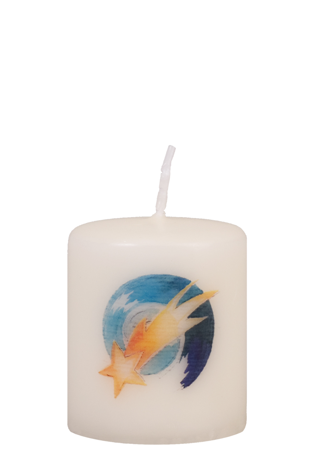 Weihnachtsstumpen 2060 bedruckter Stumpen elfenbein, Größe 60 x 50 mm, Motiv Schweifstern, bunt, Mindestabnahme 10 Stück