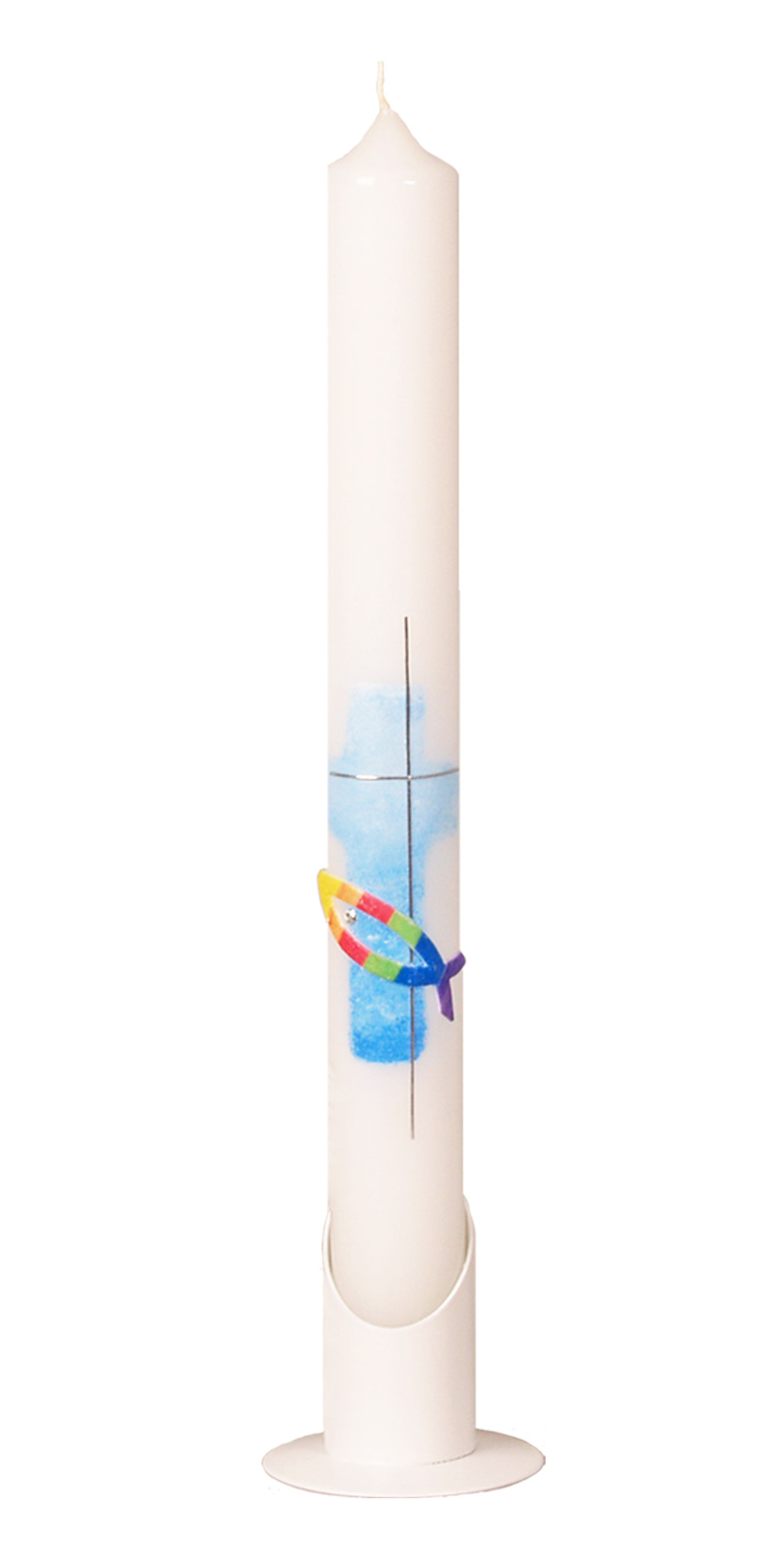 Kommunionkerze 571, 400 x 40 mm weiß, Wachsauflage: Regenbogenfisch und Kreuz gemalt: Himmel und Wasser