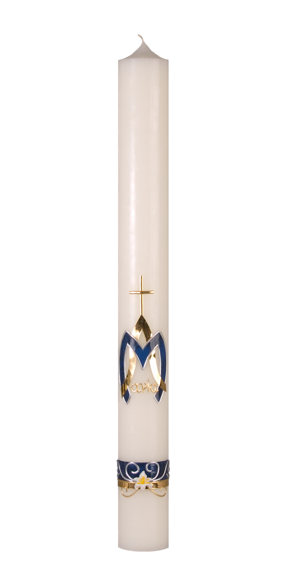 Marienkerze Nr. 48, mit Wachsauflage: Kreuz, M und A sowie Borde in blau-gold-silber