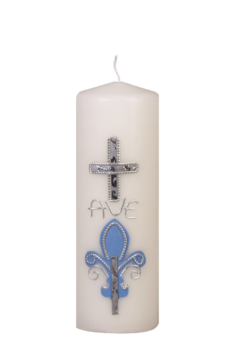 Marientischkerze 200x68 mm mit Wachauflage in hellblau-silber: Kreuz, Ave, Lilie