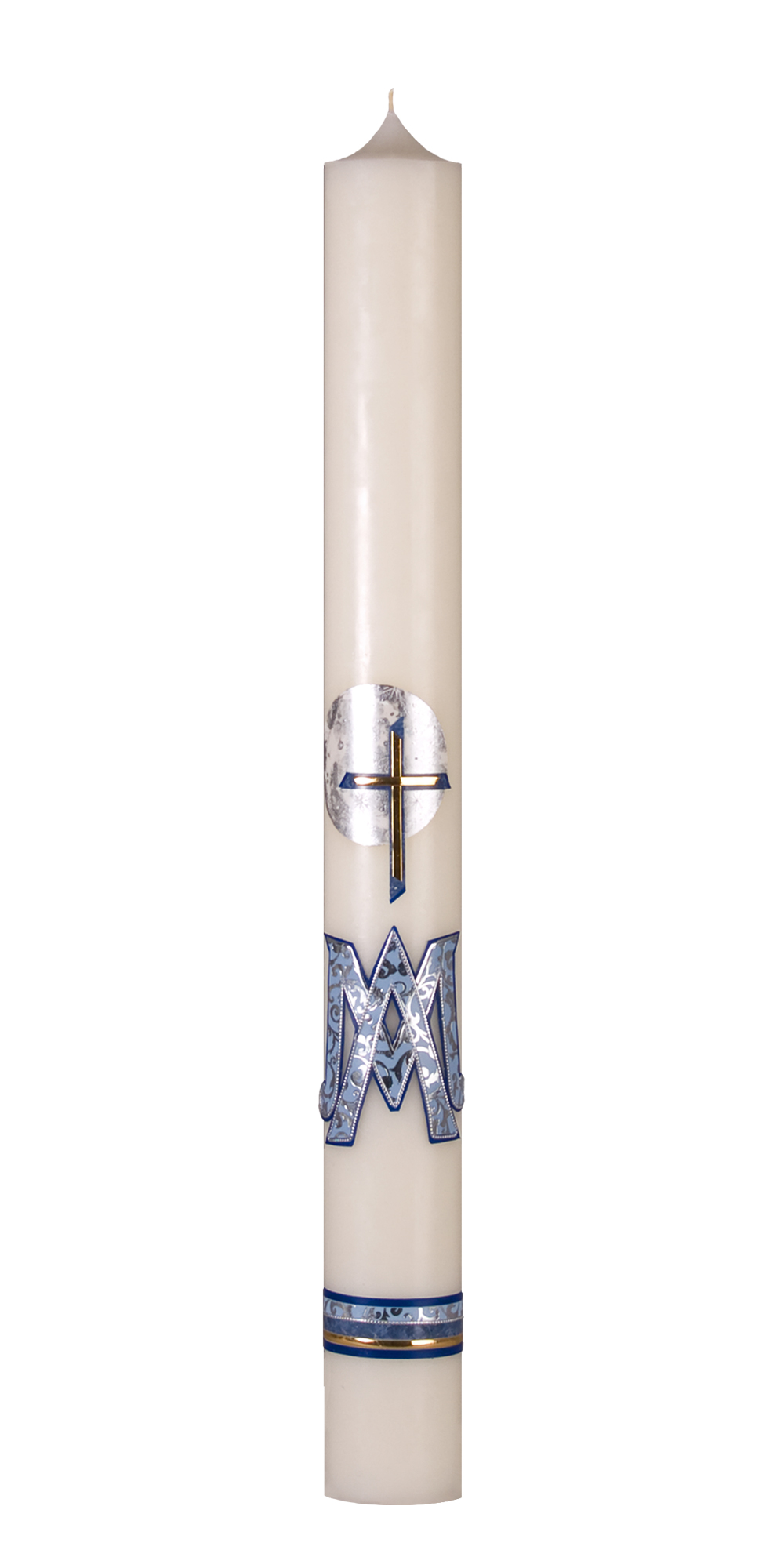 Marienkerze Nr. 45, mit Wachsauflage in blau melliert-silber-gold, Kreuz, mond, M und A, Borde